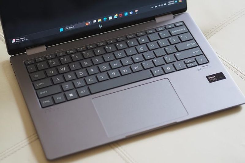 HP Envy x360 14 top down view showing keyboard and touchpad